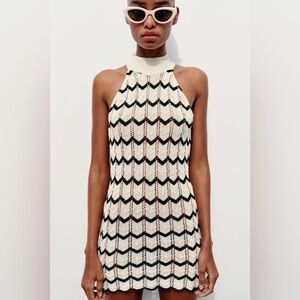 Zara Cream and Black Knit Halter Mini Dress